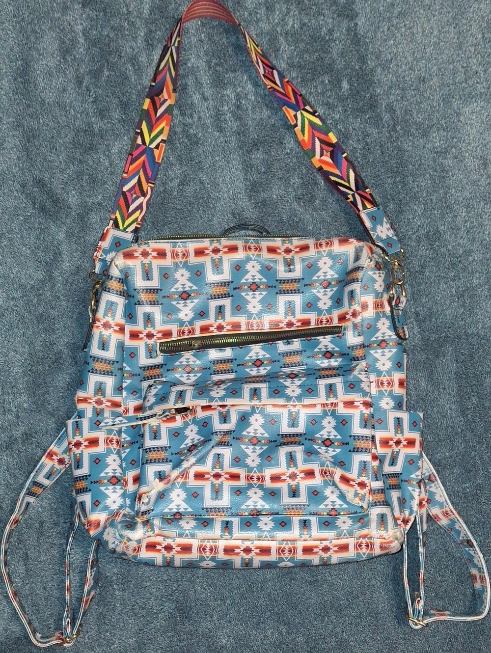 Montana West Blue Aztec Print Women's Crossbody Backpack - Multi-Color Strap